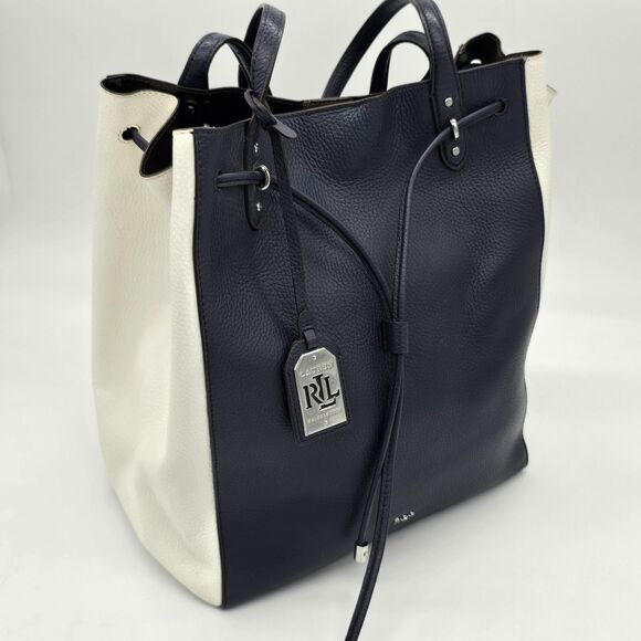 Lauren Ralph Lauren Handbags - Lauren Ralph Lauren RLL Oxford Drawstring Tote Pebble Leather Navy White
